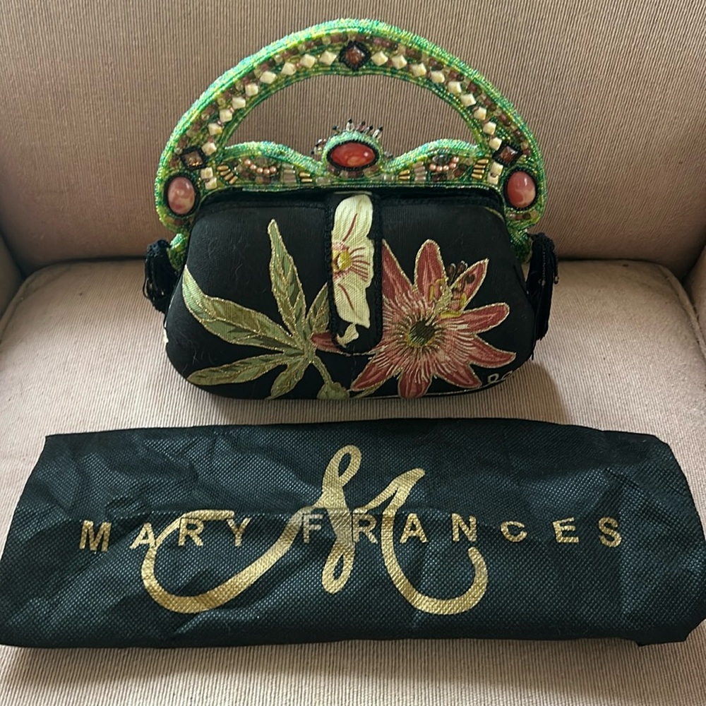 Mary Frances - Gorgeous Black purse -Green and Pink Beading/Stitching - RARE